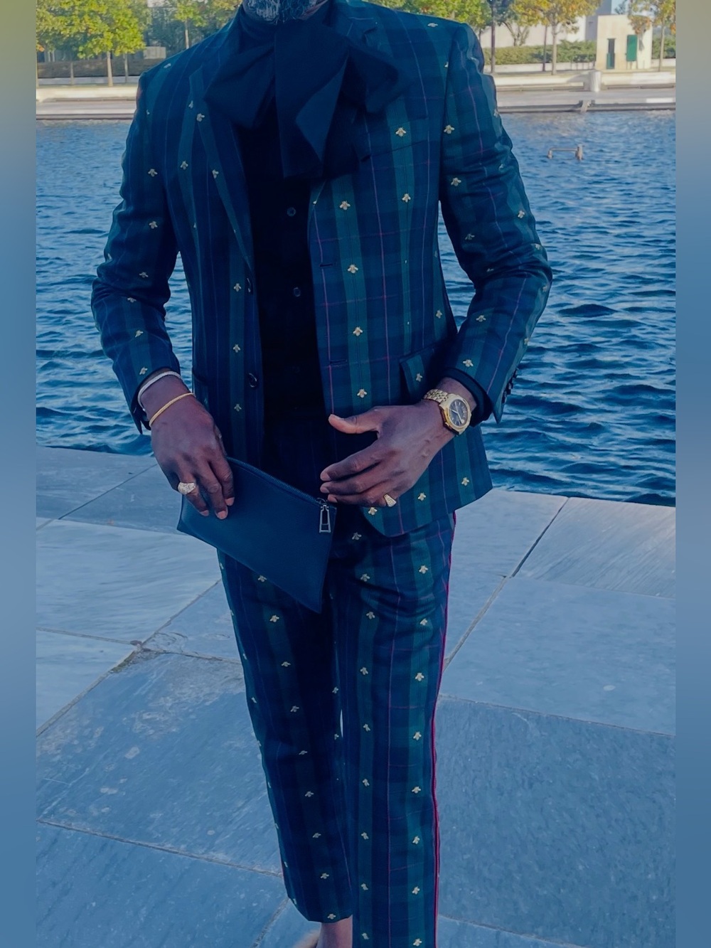 Gucci Dark Green Plaid Blazer & Trousers with Gold Motifs
